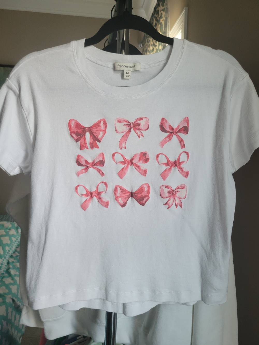 Francesca's Collections White Tee with Pink Bow Grid